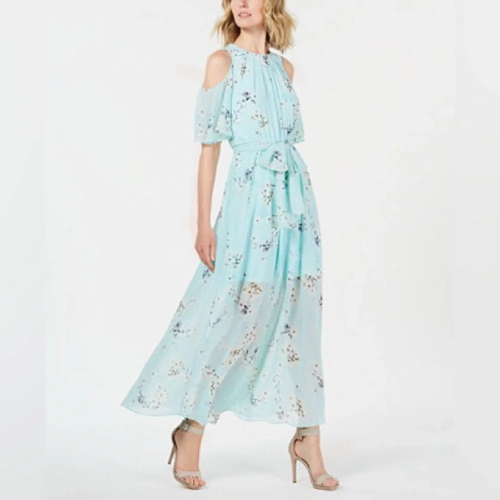 Calvin Klein 6 Maxi Dress Aqua Blue Asian Floral Cold Shoulder Chiffon Flowy - Picture 2 of 13